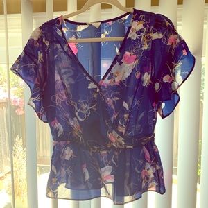 Blue /Multicolor Floral Ruffle Blouse